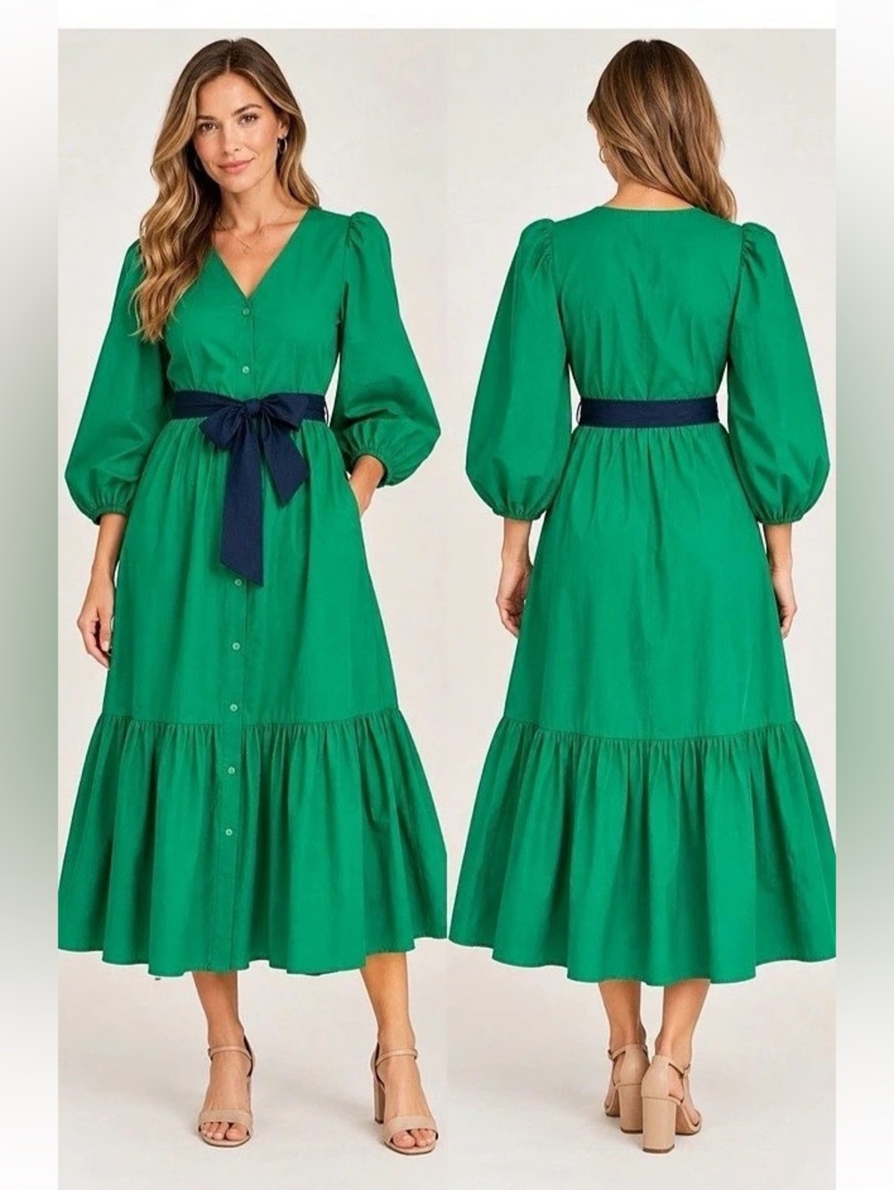 Aura Cotton Midi Dress in Green Size Medium Like New